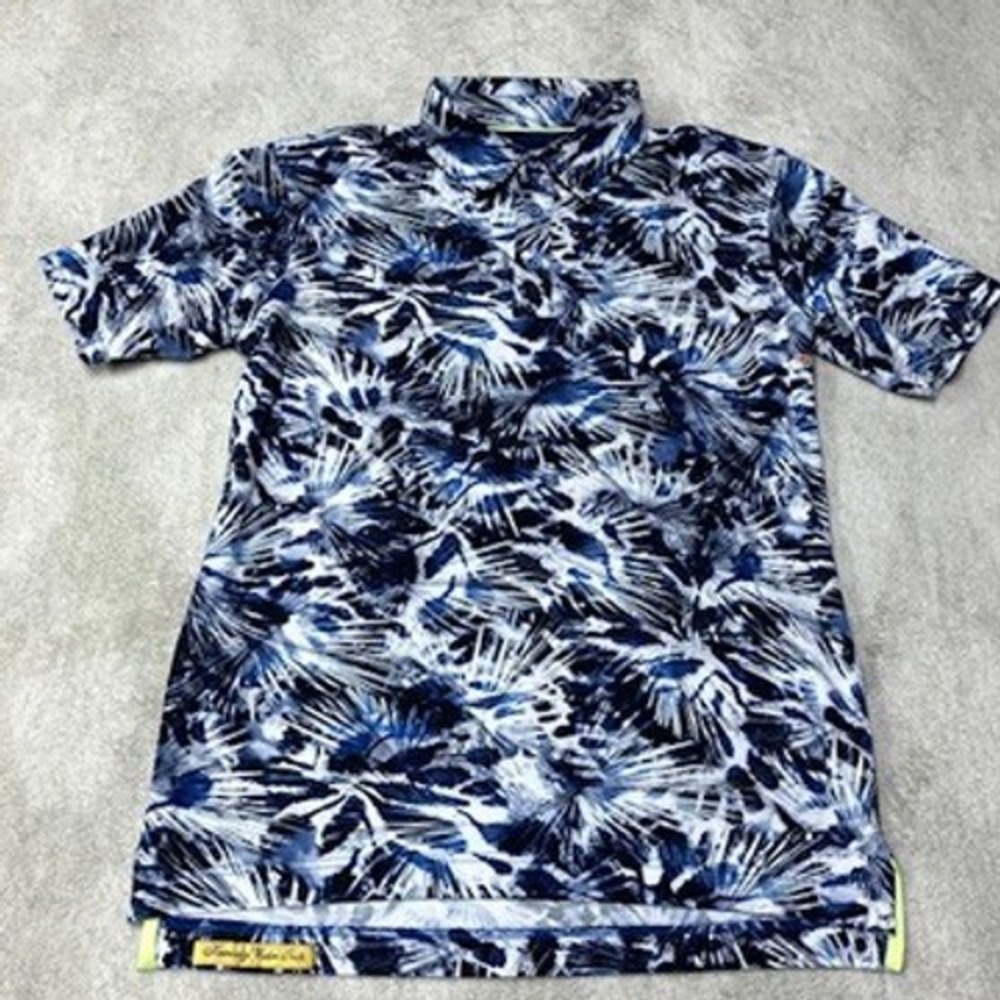 Robert Graham Polo Shirt Abstract Palm Bold AOP Blue White Mens Size S